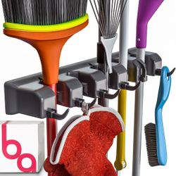 Broom Holder & Wall Mount Garden Tool Organizer- Kitchen, Closet, Garage & Laundry Room Storage With 5 Slots & 6 Hooks - Wall Holder For Broom, Rake