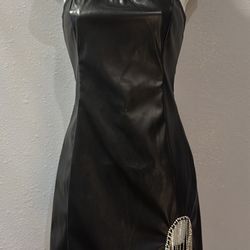 Beautiful faux leather black split on side dress with rhinestone stones