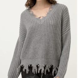 Full Circle Trends Women V Neck Ripped Fringed Hem Gray Pullover Sweater Size XL