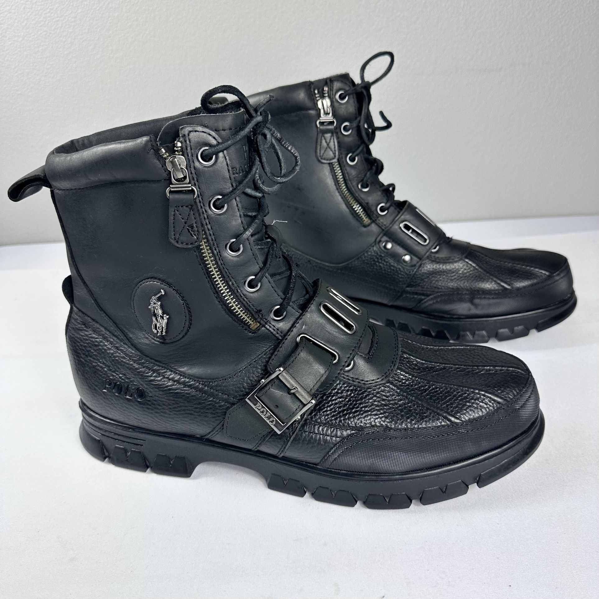 Polo Ralph Lauren Andres III Leather Boots Black Lace Up Strap Duck Mens 15 D