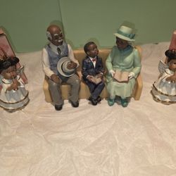  African American Church Pew Figurines  and 2 Angel Ornaments