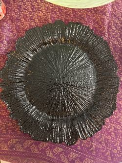 8 NEW HALLOWEEN WILLIAMS SONOMA STORE 13” Large black charger plate with a glossy finish, textured ribbed surface, and scalloped edge detail. Lightwei