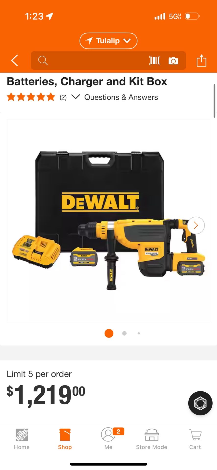 DEWALT 60V FLEXVOLT Cordless Brushless 1-7/8 in. SDS Max Rotary Hammer Kit, (2) 9.0Ah Batteries, Charger and Kit Box