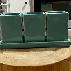 Three Piece Teal Flower Pot Planter Collection With Saucer and Drain Hole