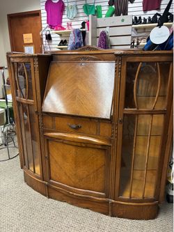 Vintage Oak Secretary Desk with Side Storage Shelves