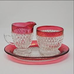 Vintage Indiana Glass Ruby Flash Trim Cream & Sugar Set with Tray