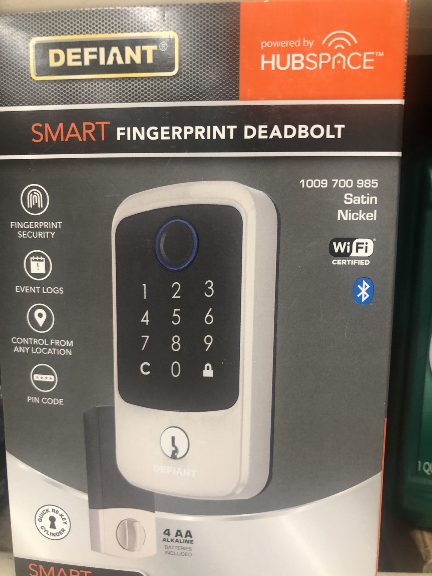 Defiant Square Fingerprint Satin Nickel Electronic Single Cylinder Deadbolt Wi-Fi Enabled Powered by Hubspace