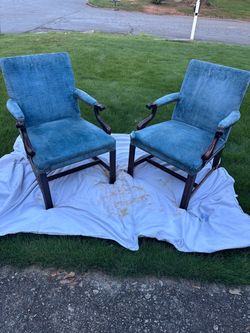 Pair of Blue Velvet Armchairs with Wood Frame