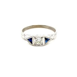 Art Deco 14K Diamond/Blue Sapphire Small Ring