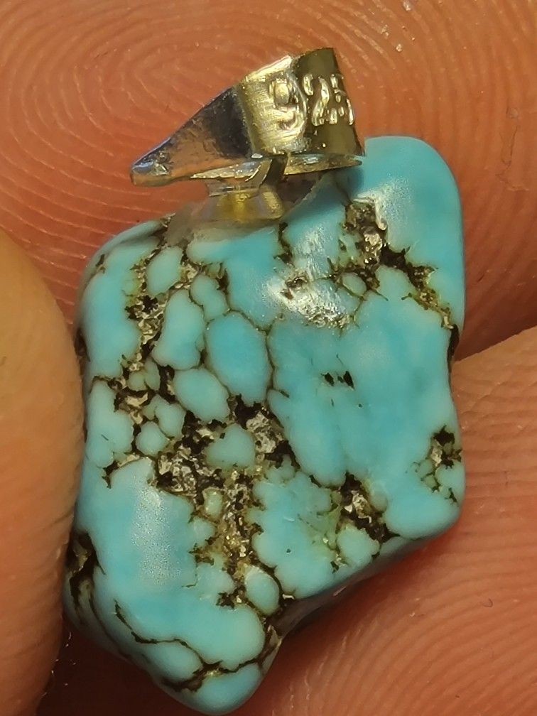 Turquoise Pendant Rough Gemstone - 925 Silver Bail