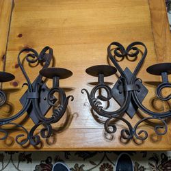 Two Heavy Wrought Iron Wall Hanging Candle Holders