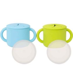 NEW! WeeSprout Snack Containers, Food Grade Silicone, Spill-Proof Hard Plastic Lids, Set of 2, Green & Blue