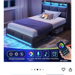 lanstar Twin Size Bed Frame with LED Lights and Charging Station, Upholstered Bed Storage Headboard & Drawers, Heavy Duty Wood Slats, Easy Assembly