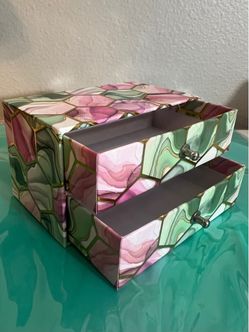 2-Drawer Marble Patterned Pink Green Gold Small Jewelry Organizer Storage Box