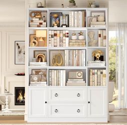 71” White Farmhouse Bookcase with Drawers and Cabinets, Tall Storage Organizer Shelf