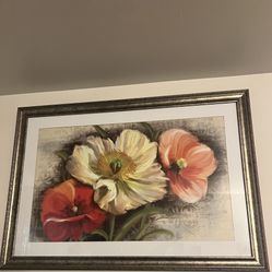 Large Flower Painting In Glass Frame 