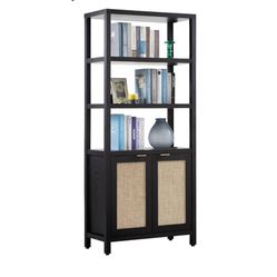 0619  Bookshelf 5 Tier Book Shelf Rattan Boho Tall Bookcase with Doors Storage Wood Shelves Large Bookshelves Farmhouse Bookcases Book Case for Living