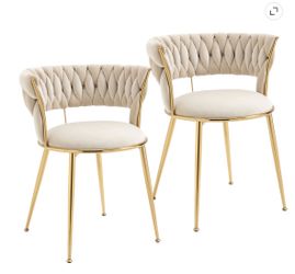 Set of 2 Cream Velvet Woven Back Dining Chairs