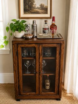 Rolling Glass Door Bar Cabinet | Coffee Station | Display Storage
