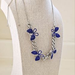 Silver & Blue Sparkling Heavy Chain Link Necklace with Butterflies and Crystal Accents. New. Opened only for photographing. Makes a great holiday Chri