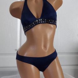 NWOT VENUS NAVY BLUE EMBELLISHED HALTER TOP(B) & GODDESS LOW RISE BOTTOM (4)