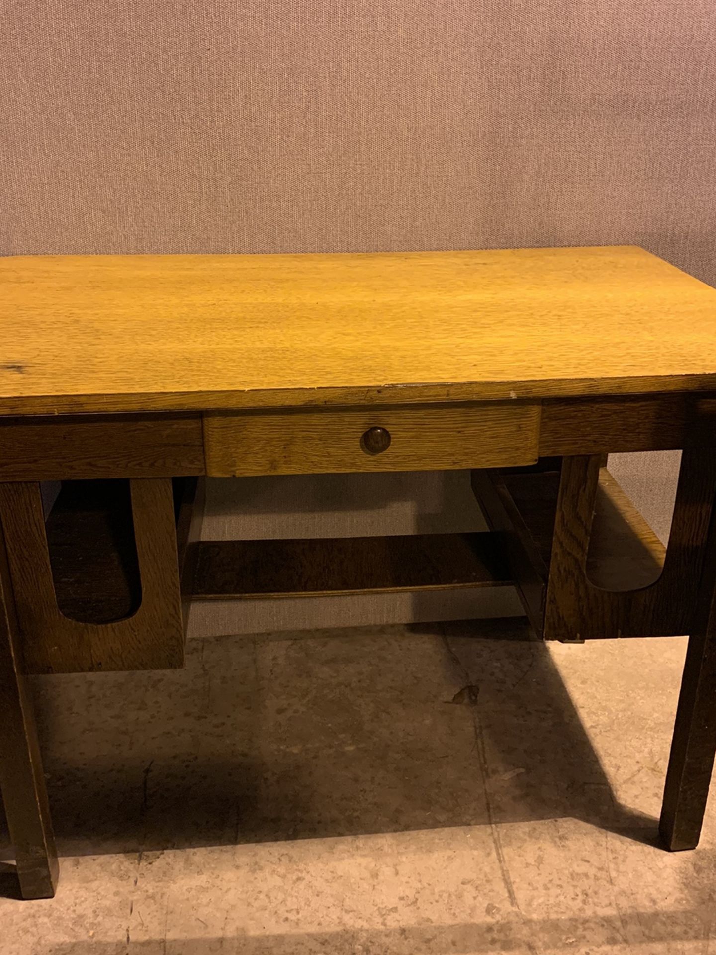 Vintage Two Tone Wooden Writing, Mission Desk w/ Drawer and Two Side Storage Shelves