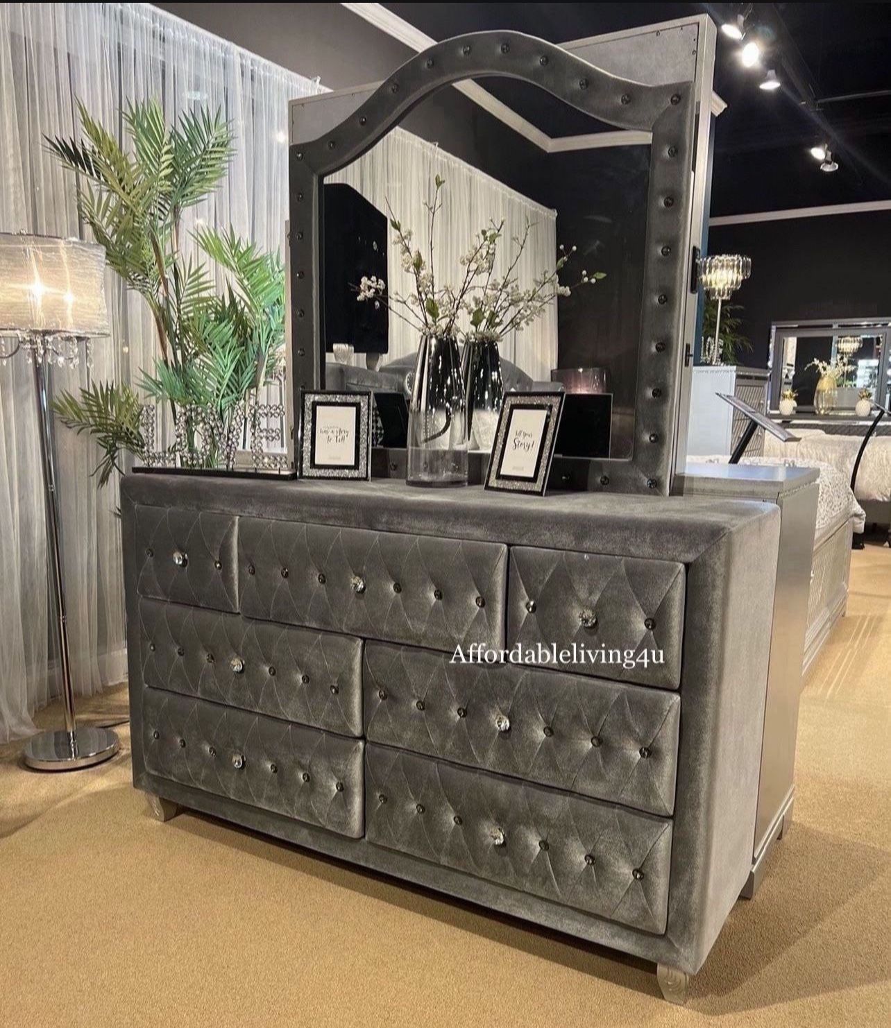 Grey Velvet Dresser W/ Crystal Acrylic Knobs Brand New In Box