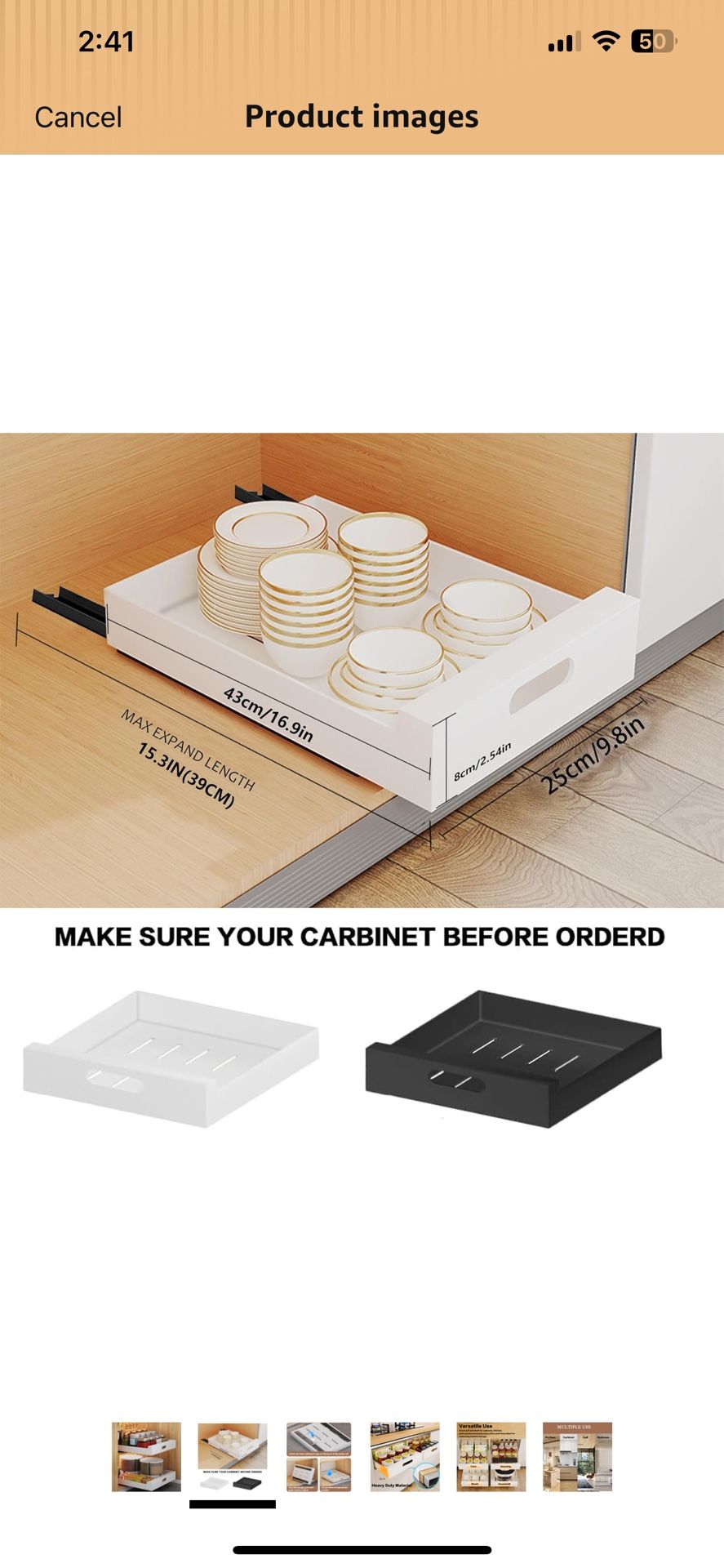 2 Pack Pull Out Drawers for Cabinets,16.9" Deep Pull Out Cabinet Organizer Adhesive Heavy Duty Carbon Steel, 10in wide Slide Out Shelves for Kitchen, 