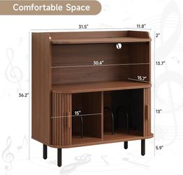 Mid Century Modern Record Player Stand with Charging Station,Walnut Vinyl Record Storage Cabinet with Sliding Door, Large Turntable Stand Table Holds