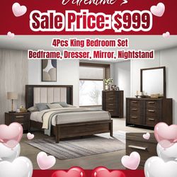 4pcs King Bedroom Set Bedframe Dresser Mirror Nightstands 