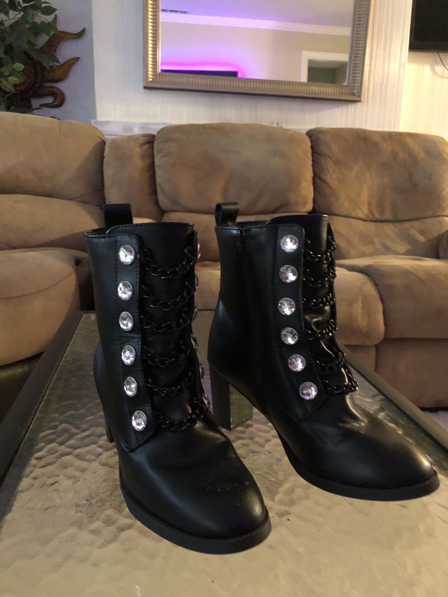 Womens Gently Worn Venus Black Booties Size 10 With Rhinestones and 2 in heels