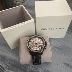 New In Box Michael Kors Swarovski Crystals Black And Rose Gold Watch