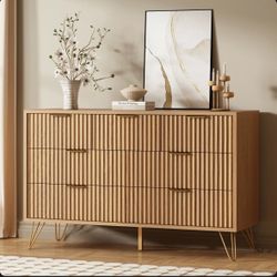 6 Drawer Fluted Dresser with Metal Handles, Wooden Chest for Storage, 55 Inches for Bedroom Living Room