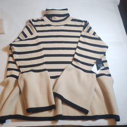 Collections By Cezele Black Beige Stripe Turtleneck Sweater