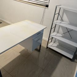 Modern White Desk + 4-Tier Shelf Set – Minimalist Office Setup