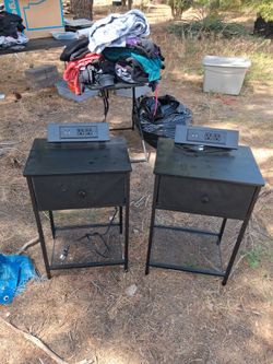 Pair of Black Metal Nightstands with USB Outlets