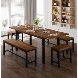 Dining Table Se And Bench t for 4-8 People, Extendable Kitchen Table Set with 2 Benches and 2 Square Stools, Mid-Century Dining Room