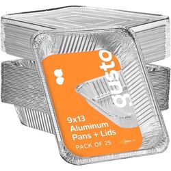 GUSTO 9x13 Disposable Aluminum Foil Pans with Lids – Heavy-Duty Half Size Baking & Catering Trays, 25-Pack