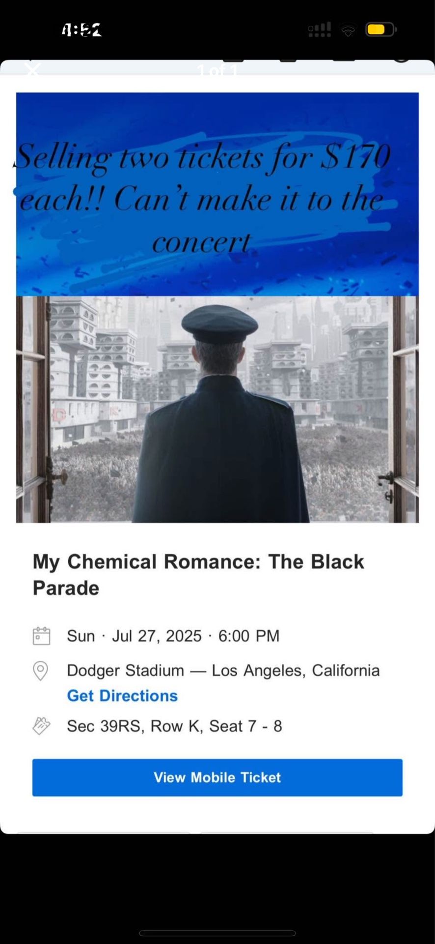 Selling my chemical romance tickets