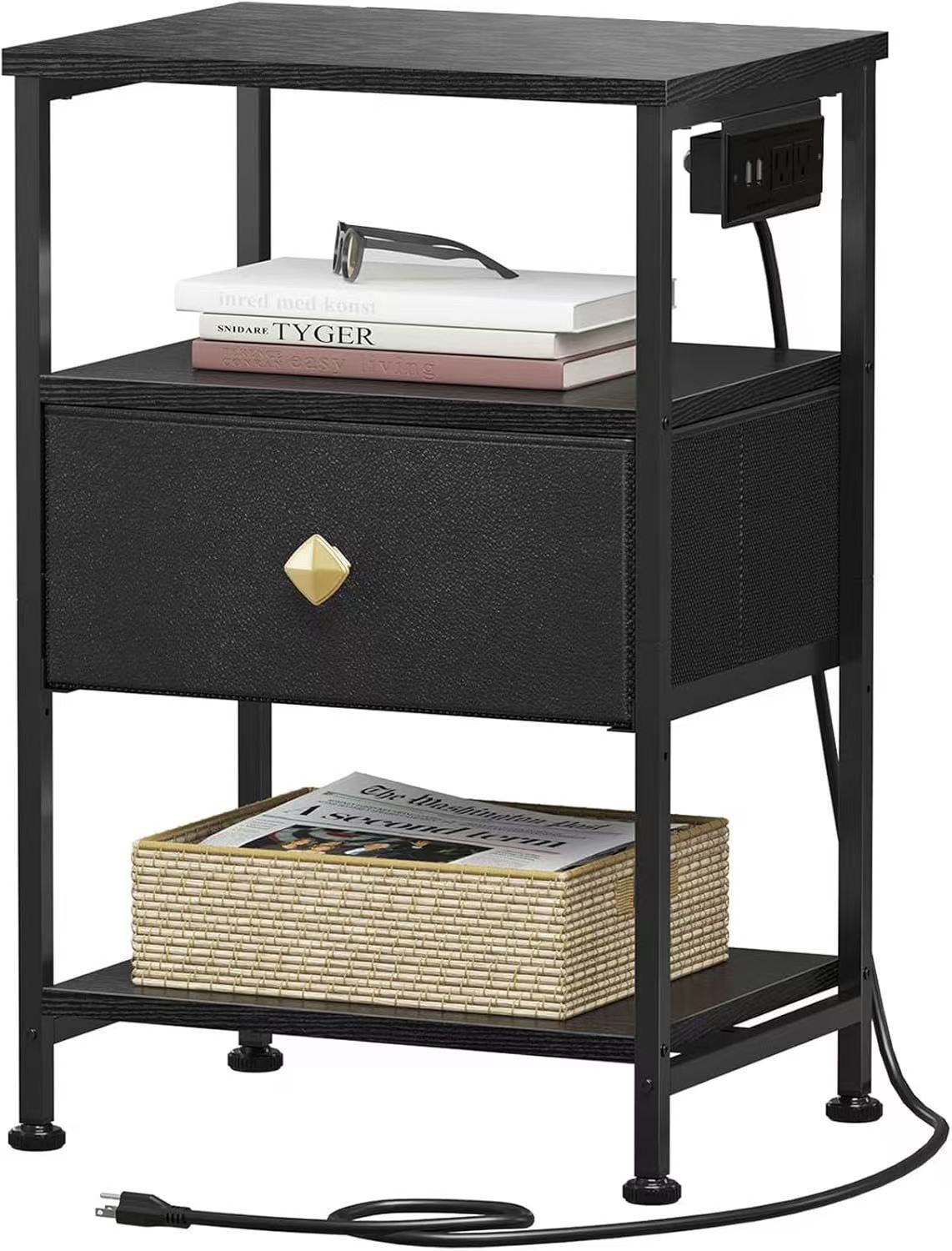 HN005BL-1 Nightstand with Charging Station, Bedside Table with Adjustable Leather Fabric Drawer, End Table with 3-Tier Storage Open Shelf, Night Stand