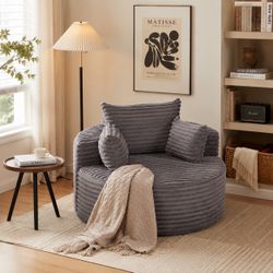 50"  Gray Round Corduroy Single Sofa, Ribbed Cuddle Chair with 3 Accent Pillows [ NEW IN BOX]