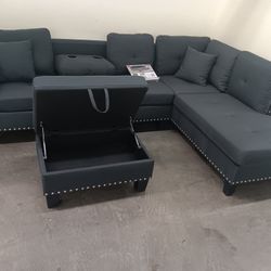 3pcs Sectional Sofa W/Drop-Down Cupholder & Storage Ottoman