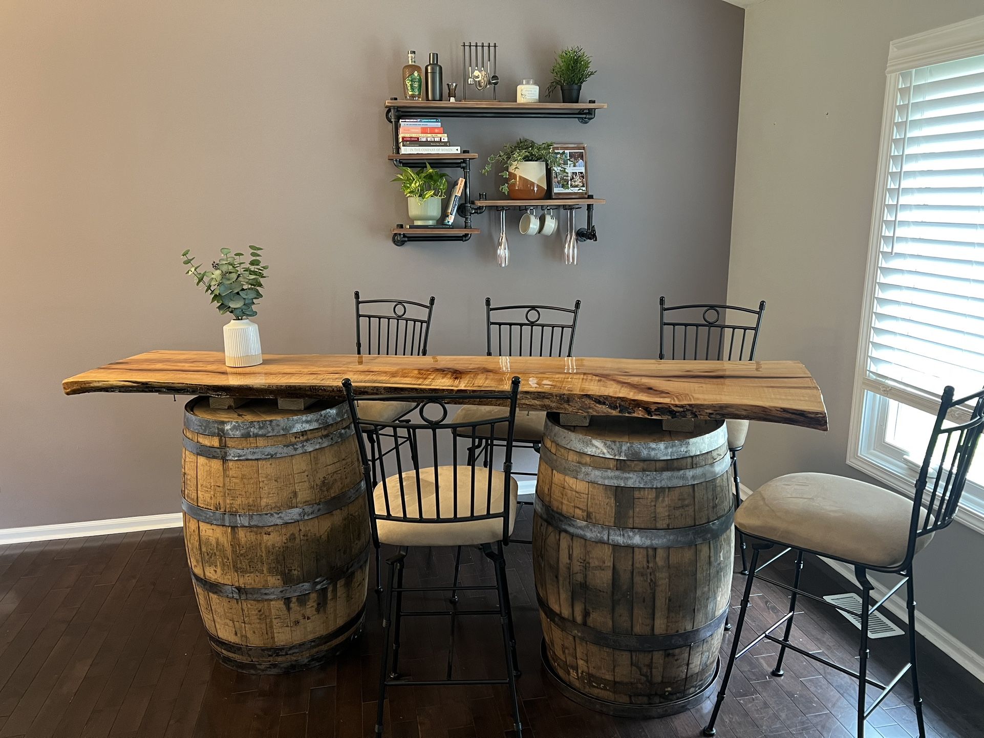 Rustic Live Edge & Barrel Bar With Chairs