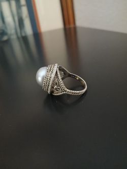 Faux pearl 925 sterling silver rope ring