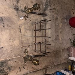 Antique Adirons And Wood Shelf For Fireplace