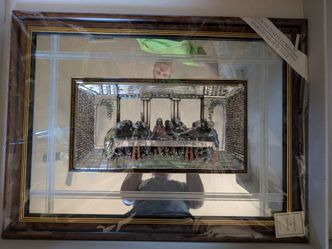 Italian Last Supper Silver Relief Wall Art, Mirror Burl Frame, 24x32, New