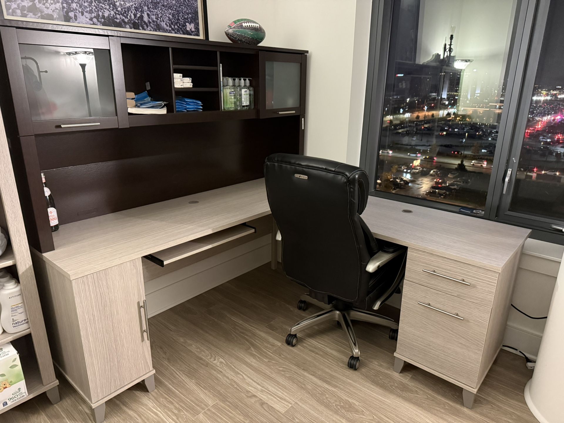 L-shaped Office Desk And Executive Leather Swivel Chair
