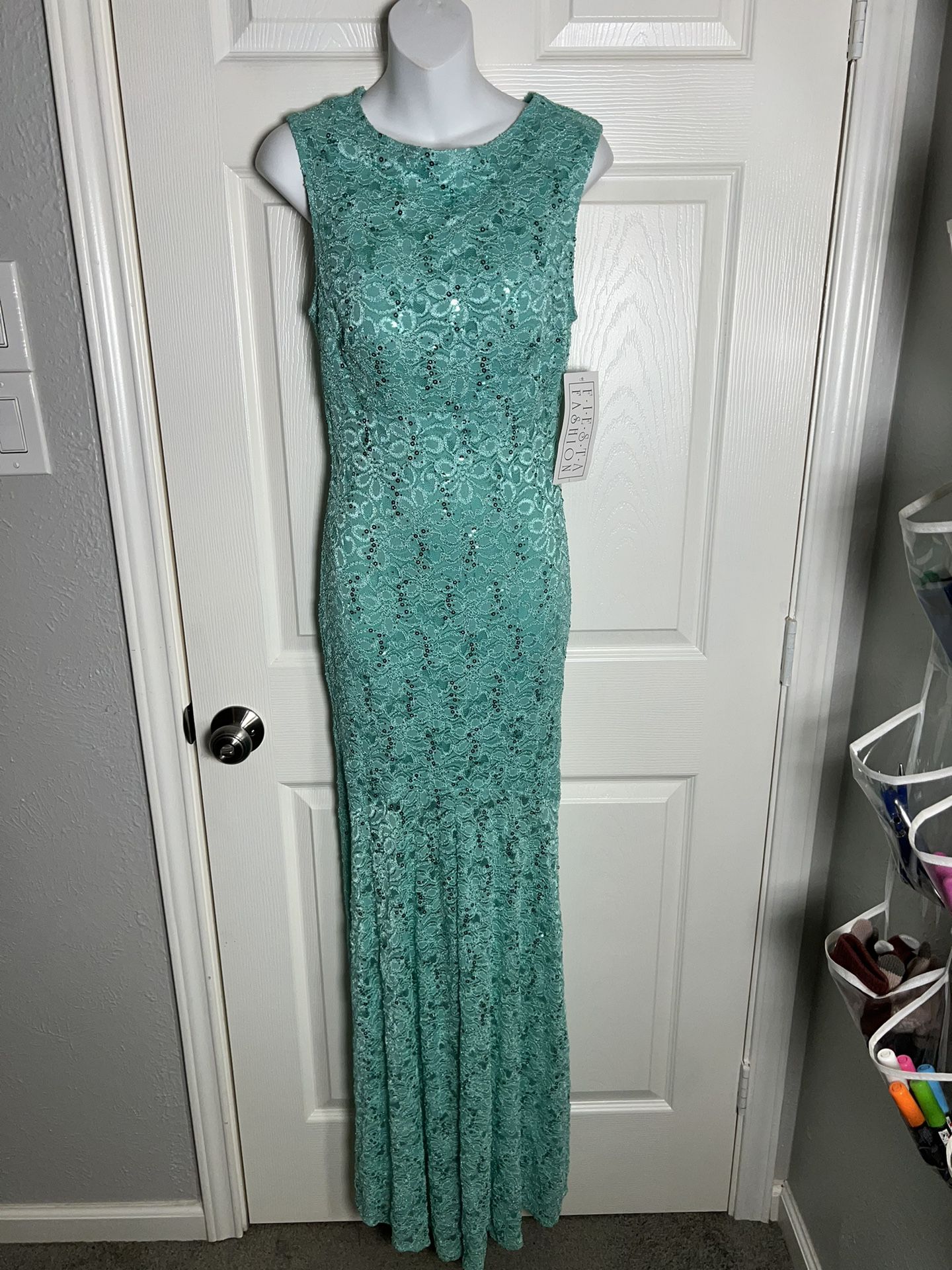 Mint Green Sequined Full Length Fish Tail Prom Dress