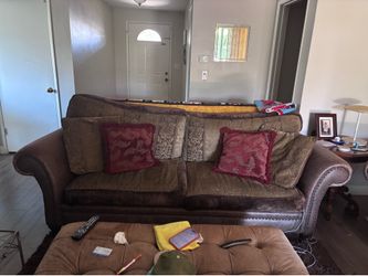 Traditional Brown Leather and Damask Sofa and Armchair Set
