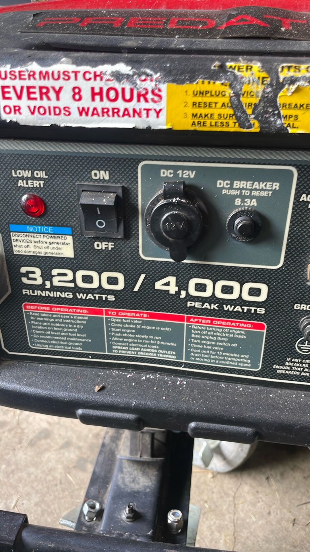 Predator 4,000watt Peak 3,200 Running gas Generator